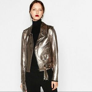 Zara Silver Metallic Leather Jacket